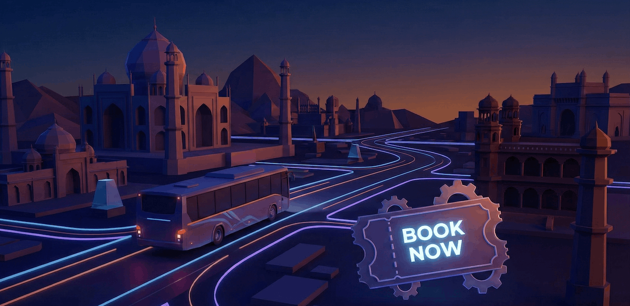 City skyline with bus and popular destinations